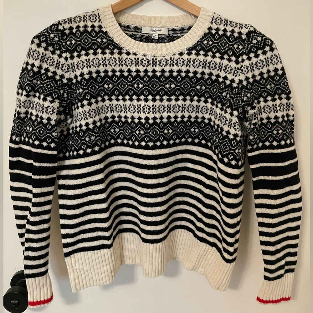 Madewell Merino Wool Black and White Patterned Sweater